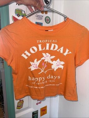 Divided Orange Tropical 'Holiday' Crop Tee with Floral Graphic